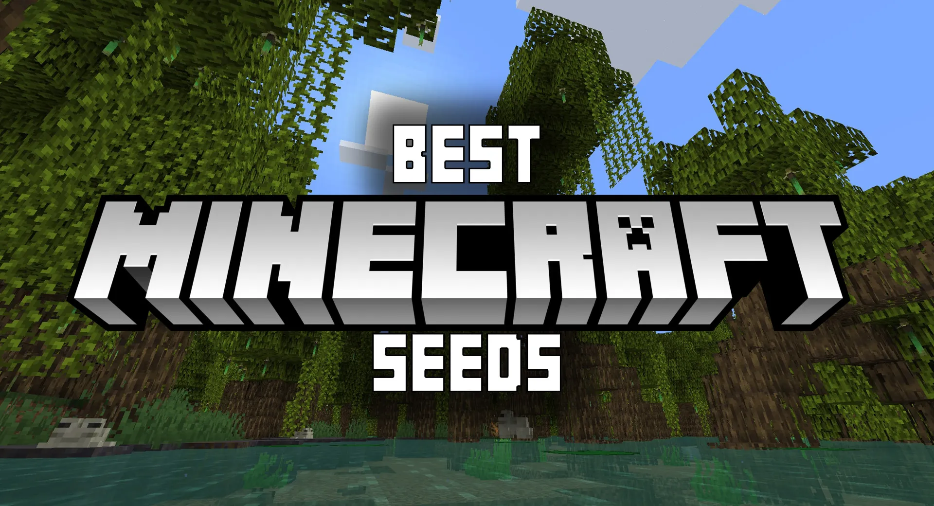 A screenshot of the jungle biome, with the Minecraft logo and the words "Best Seeds" written in white