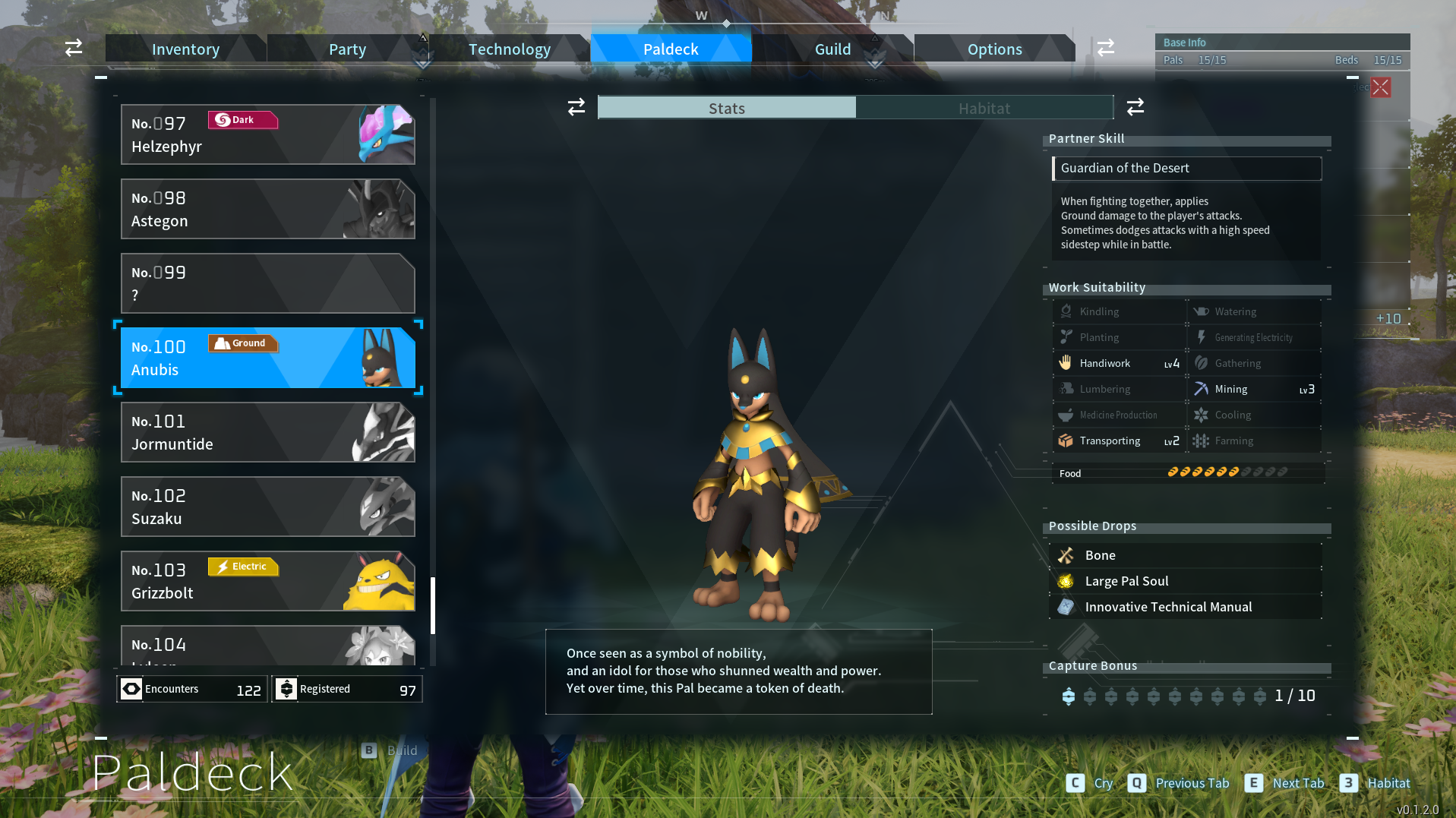 Anubis standing in the Palworld Paldeck.