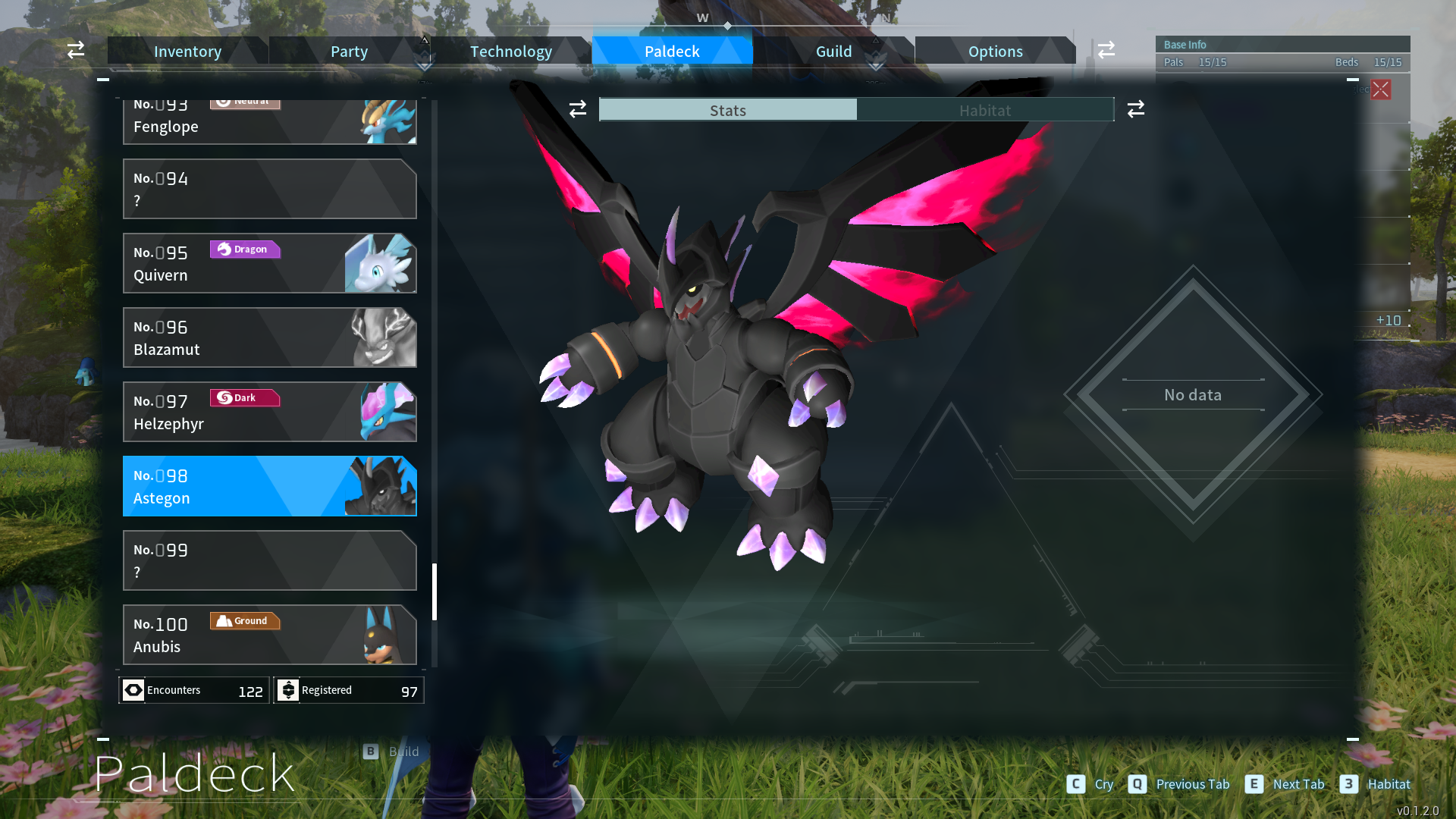 The Palworld Paldeck showing Astegon, a black Dragon-like creasture with purple claws and horns, and pink fire from its wings.