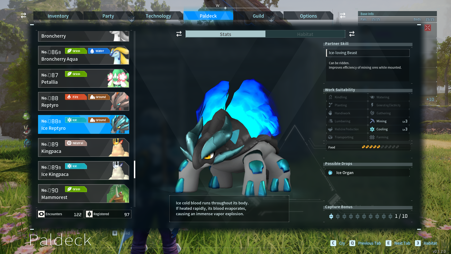 The Palworld Paldeck, showing a horned creature with blue accents and blue fire