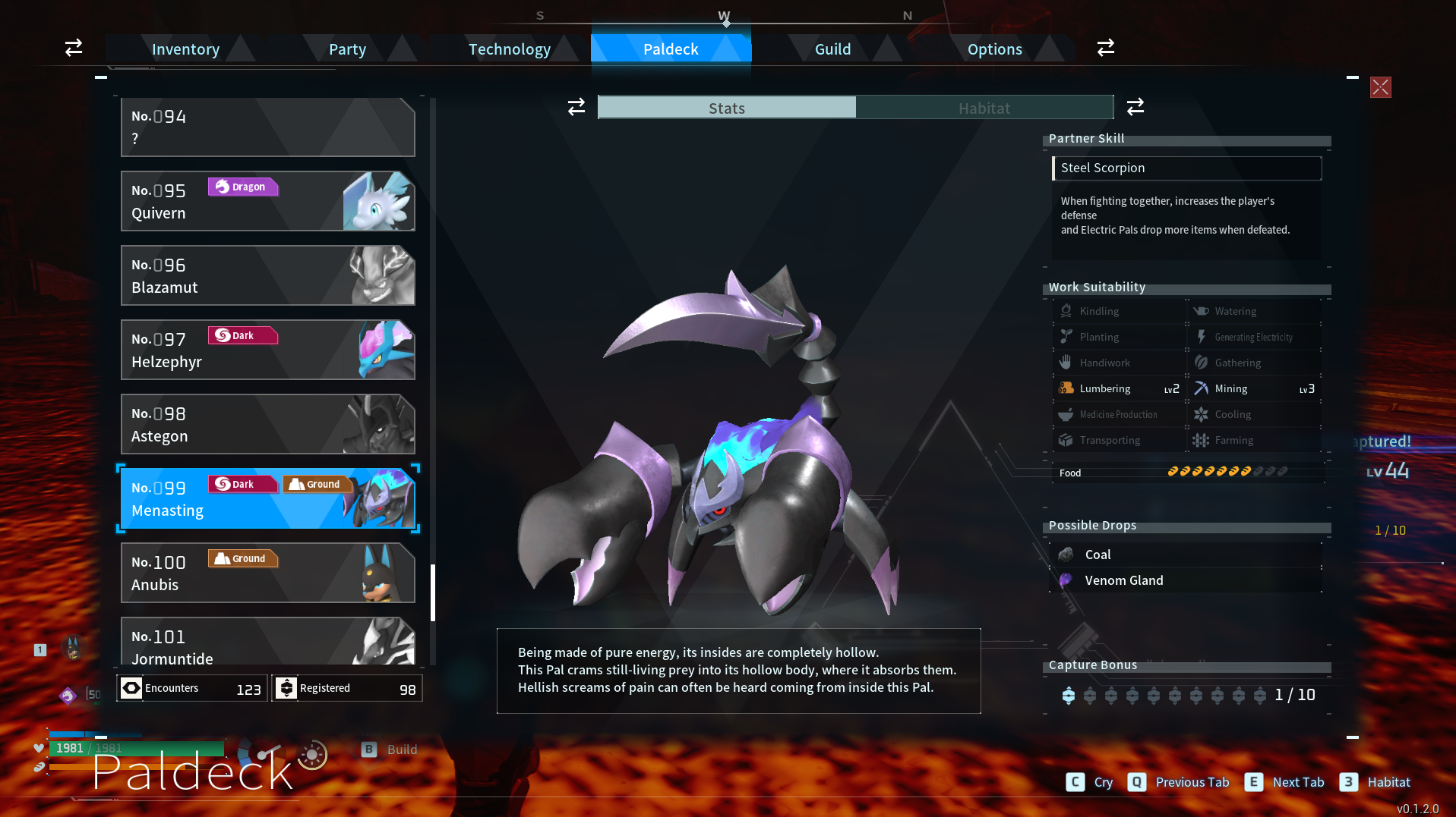 Menasting, a purple character with a scorpion tail.