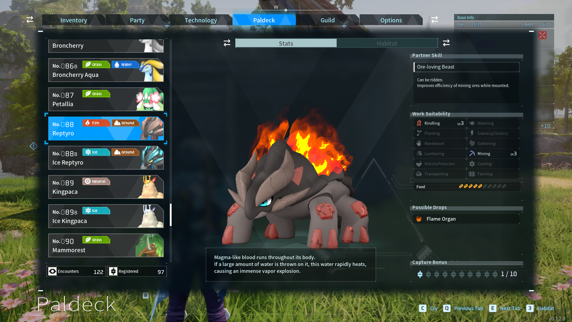 The Palworld Paldeck, showing Reptyro, a grey horned animal with fire.