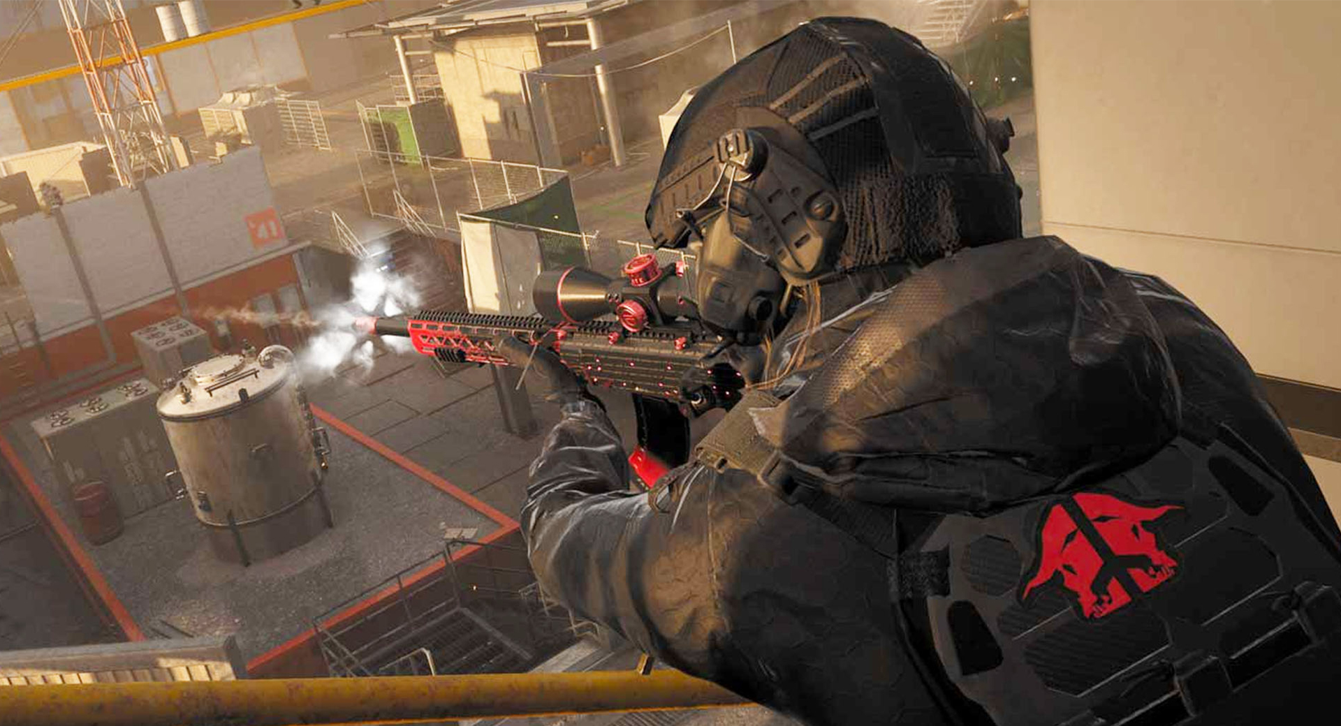 A MW3 player firing a gun from a balcony.