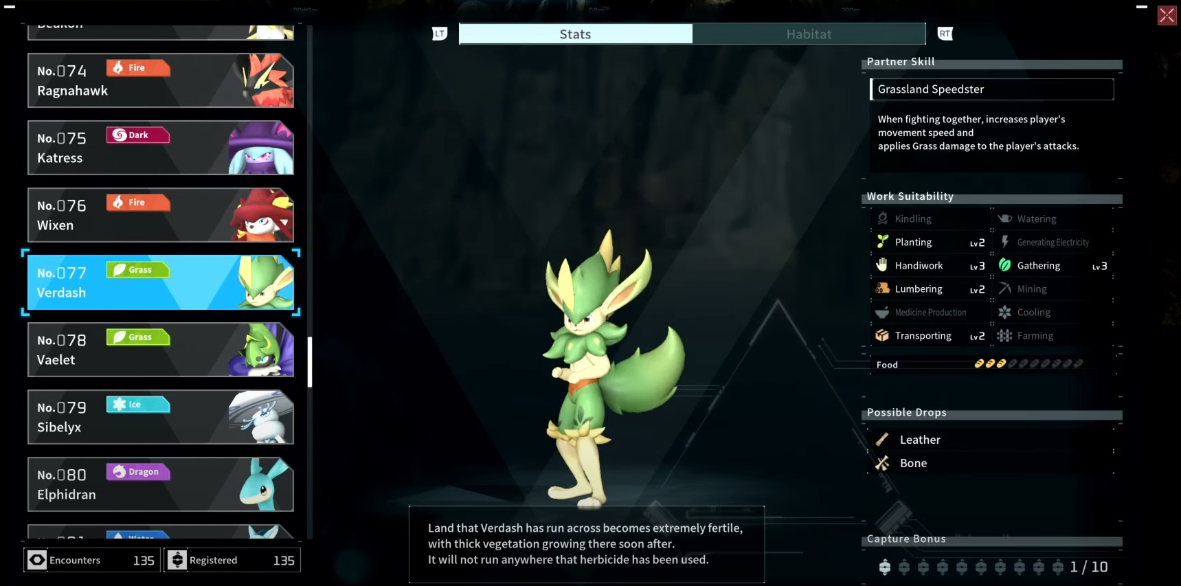 Verdash standing in the Palworld Paldeck. A Green creature with yellow accents.