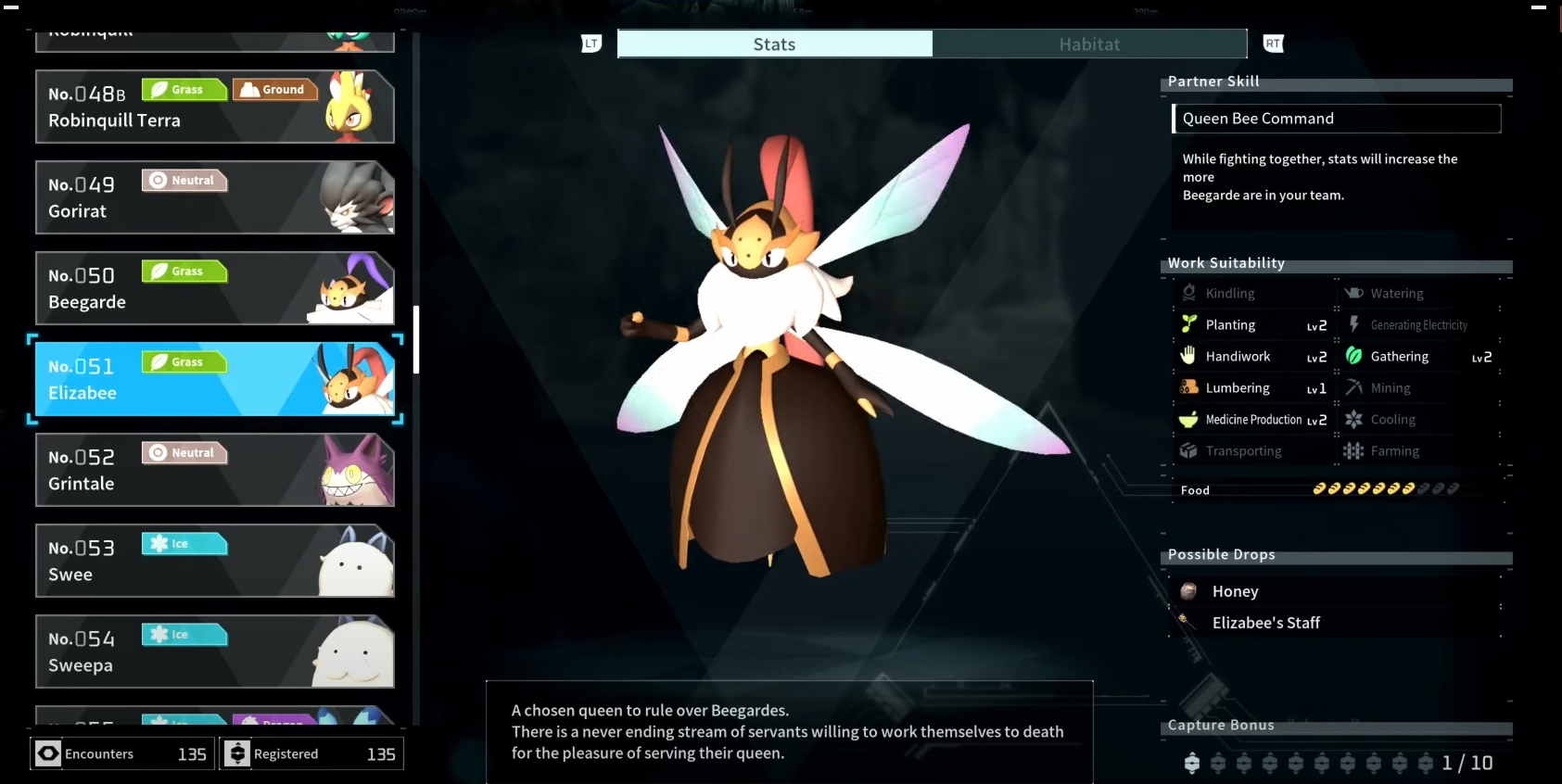 Elizabee, a brown and gold creature with a bee head and white wings in Palworld's Paldeck.