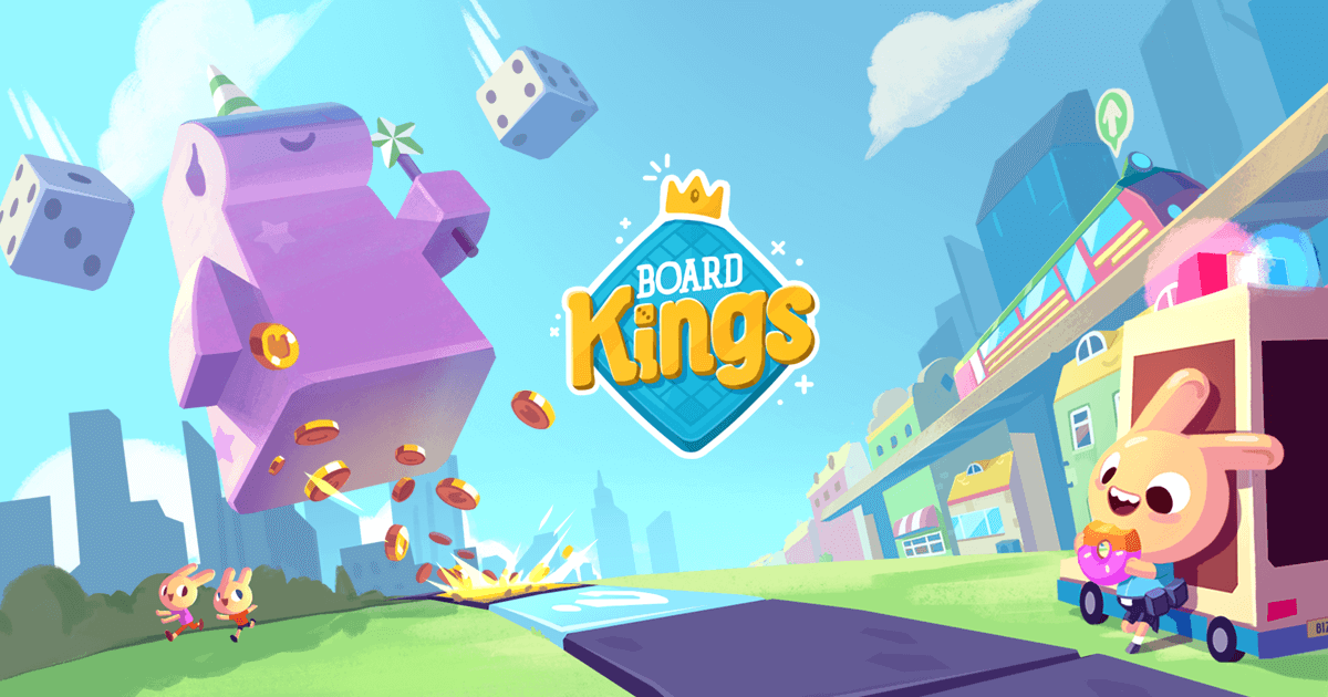 Board Kings art, showing a rabbit eating a donut and coins falling on the ground.