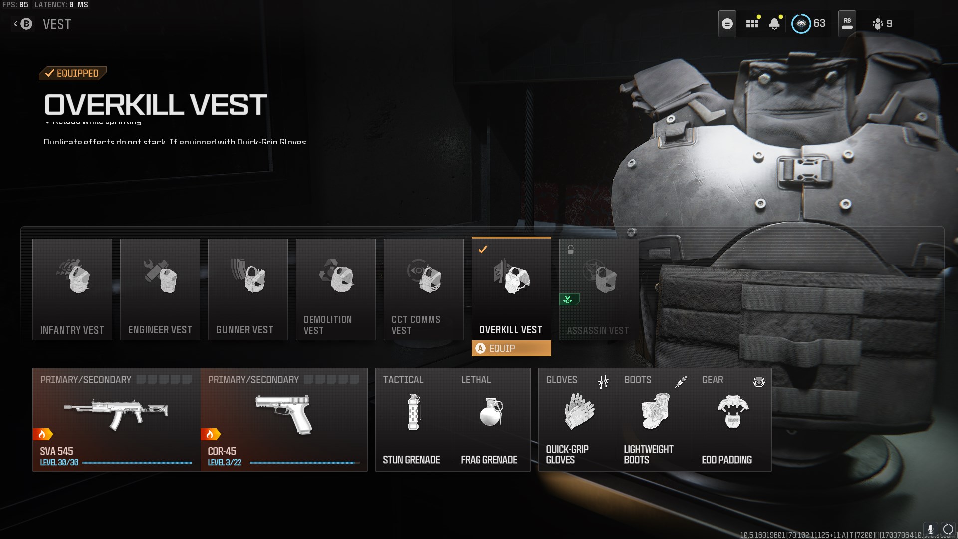 MW3's Loadout Screen, showing the Overkill vest highlighted on the screen.