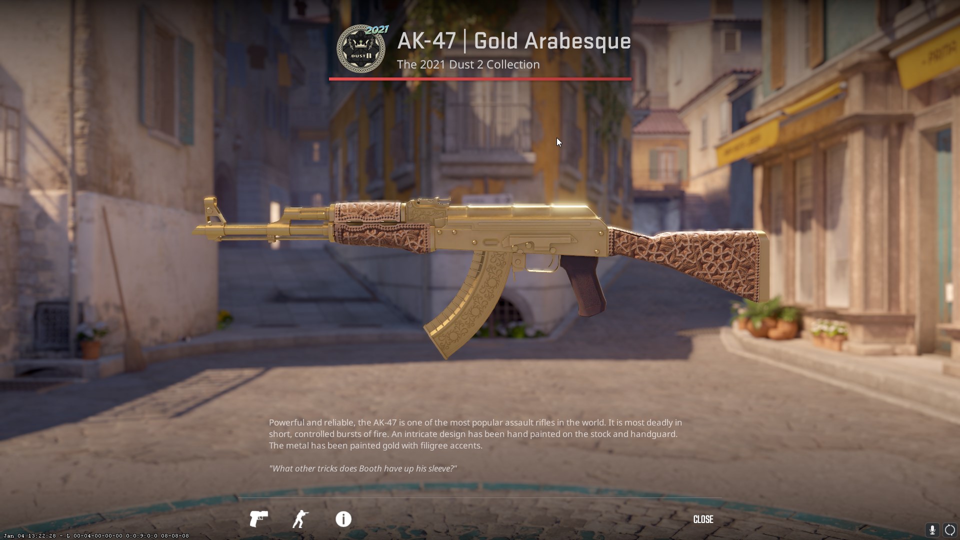 A gold AK-47, with relief down the magazine, and wooden carvings on the barrel and stock. 