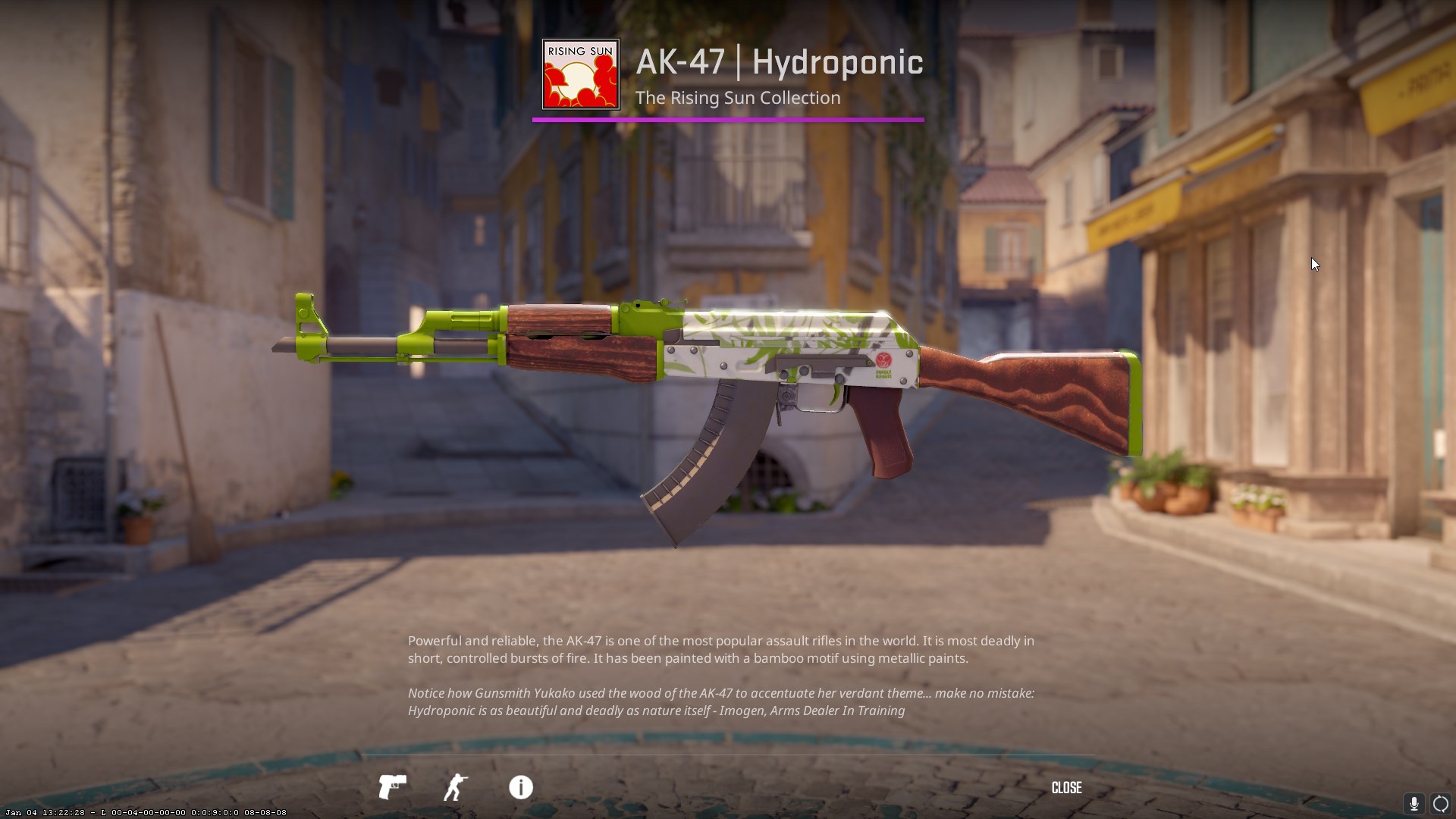 A white AK-47 with green leaves on it, and green accents on the stock and barrel. 
