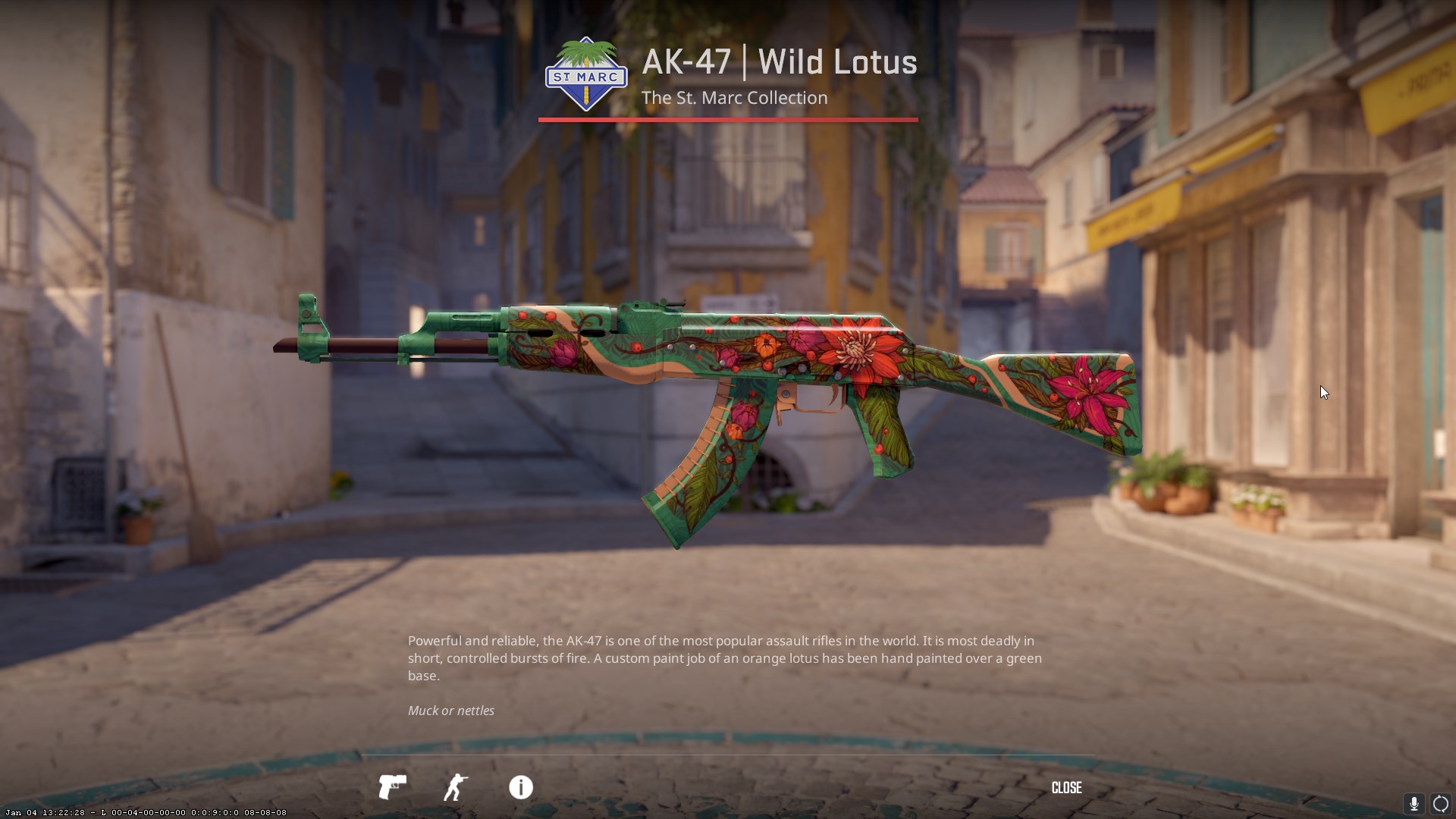 The Wild Lotus AK-47 skin, a green camo covered in pink and orange flowers and green leaves and vines. 