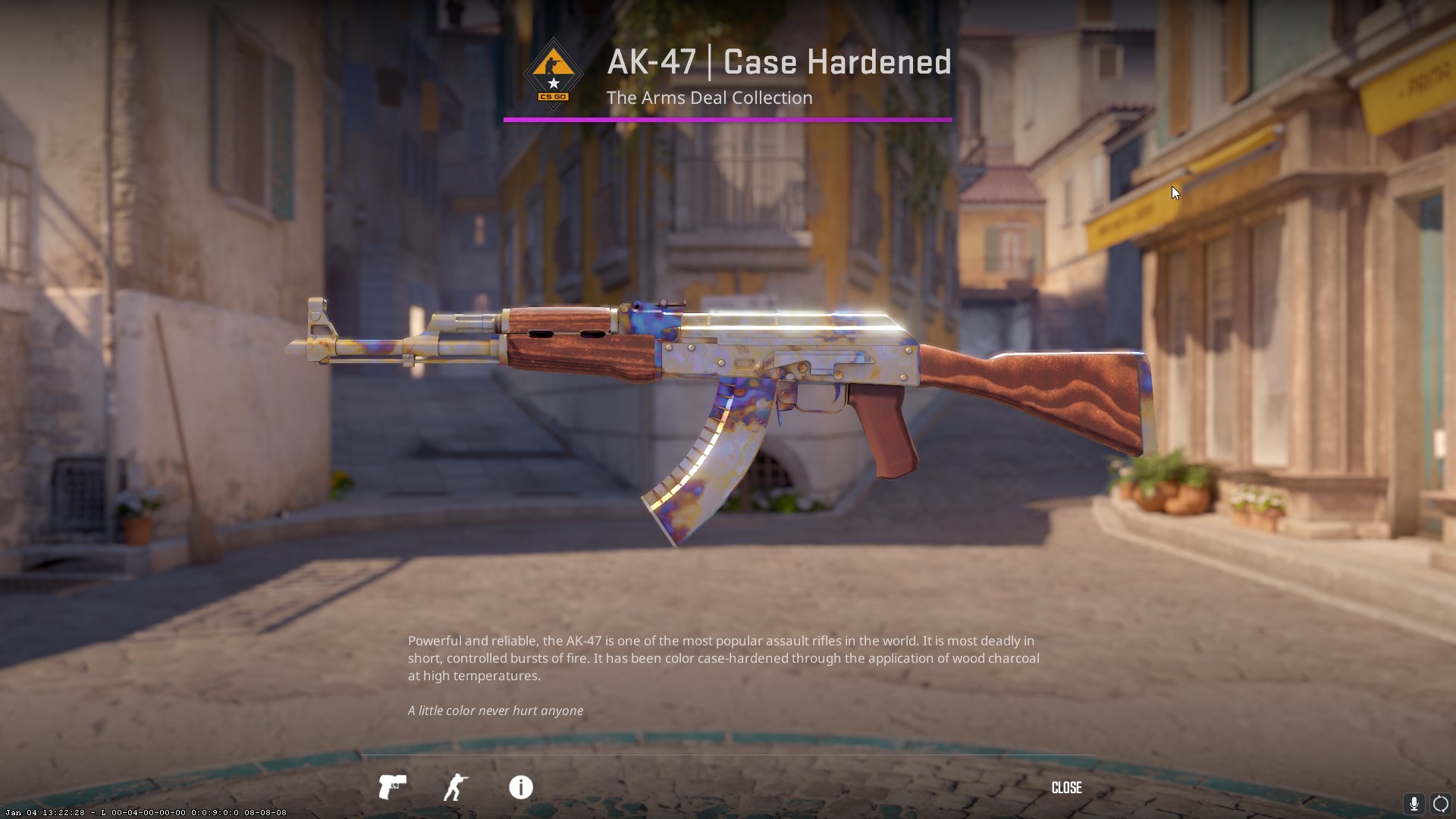 The Case Hardened AK-47, with a wooden stock and barrel. 