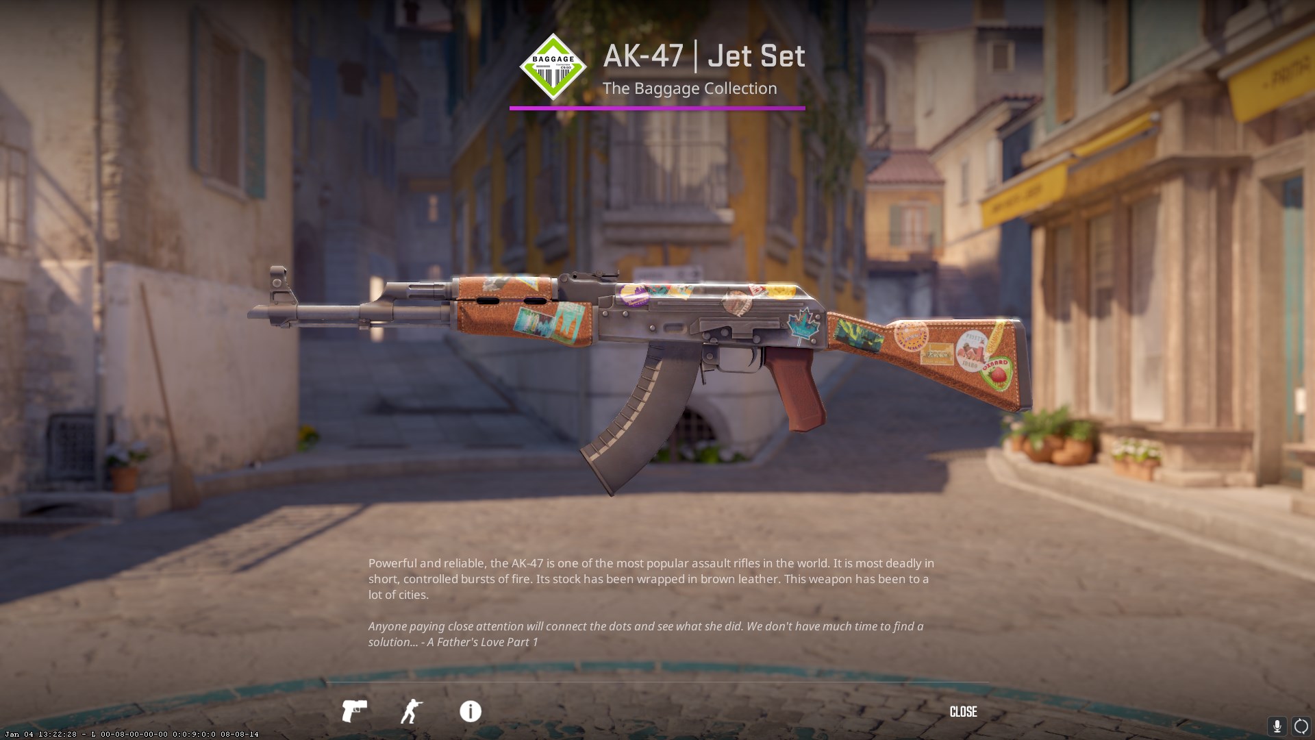 The Jet Set AK-47, a normal weapon covered in stickers representing different locations. 