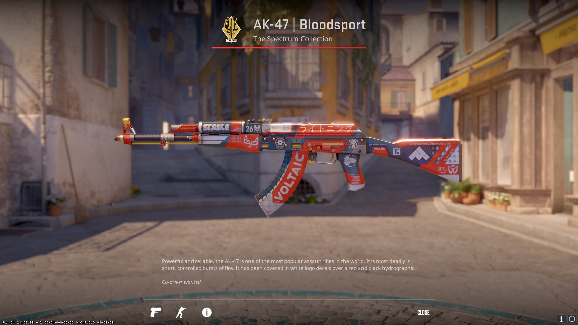 The Bloodsport AK-47 skin, a red and navy camo with white accents. 
