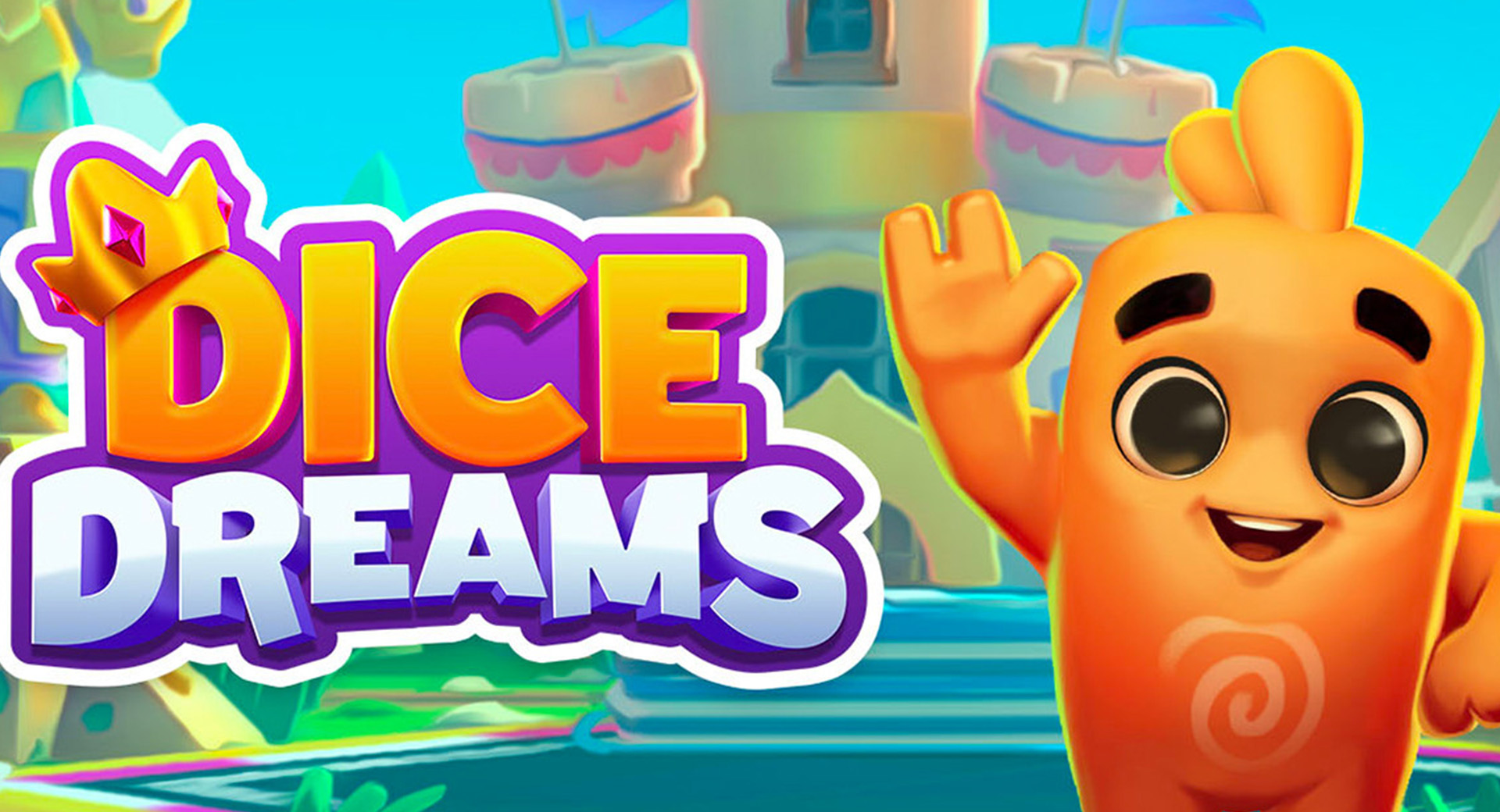An orange character with its arm in the air, standing beside the Dice Dream logo