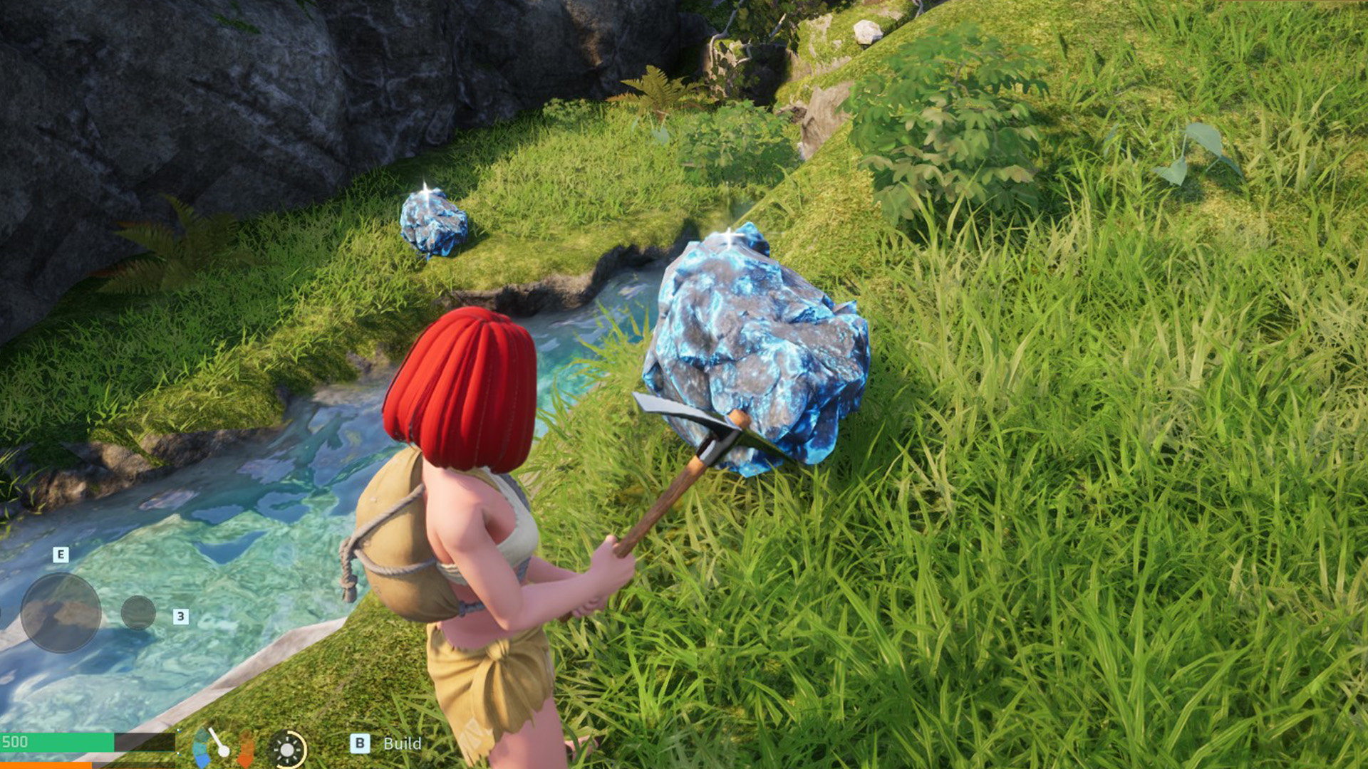 A red-hair Palworld character, holding a stone pickaxe, standing over Paldium Ore.