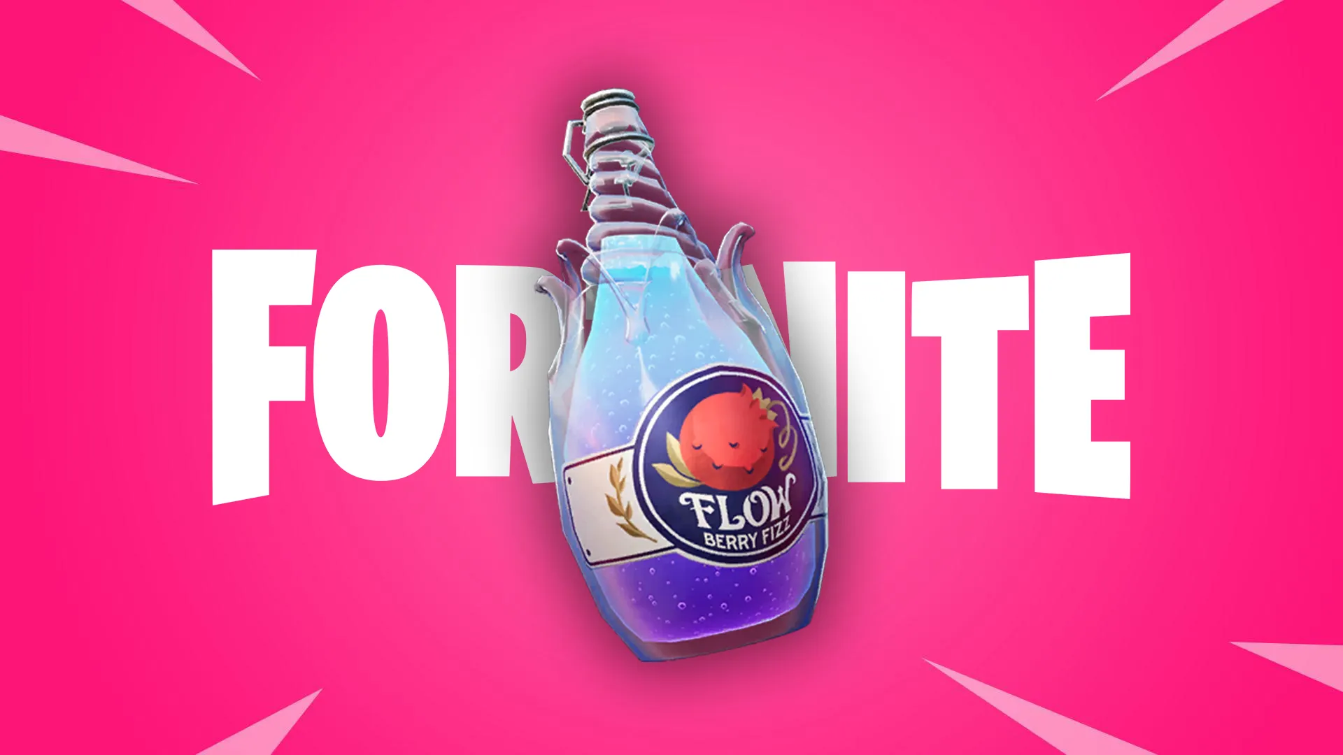 Flowberry Fizz bottle on a pick background with a Fortnite logo.