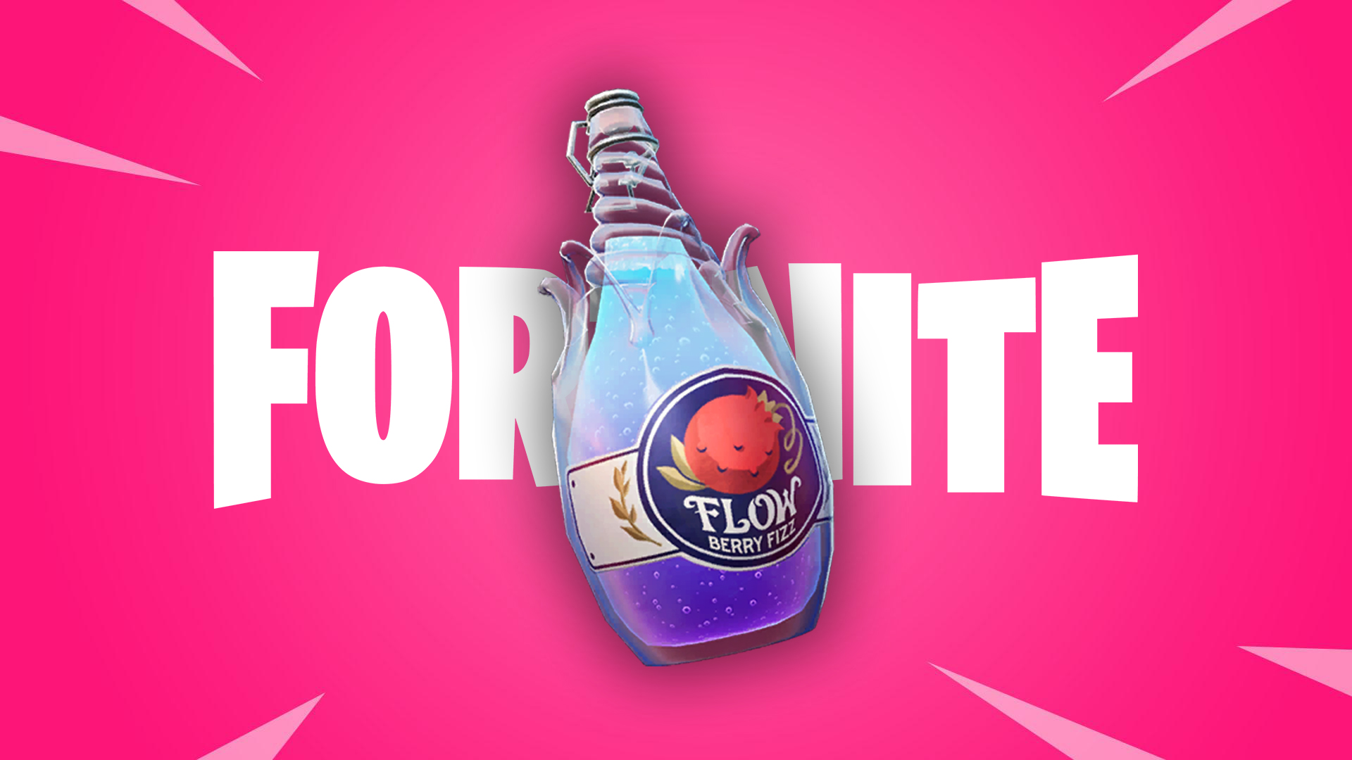 Flowberry Fizz bottle on a pick background with a Fortnite logo.