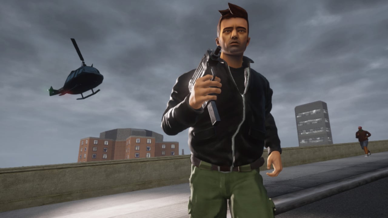 Claude carrying an Uzi on a bridge with a helicoper flying behind him.