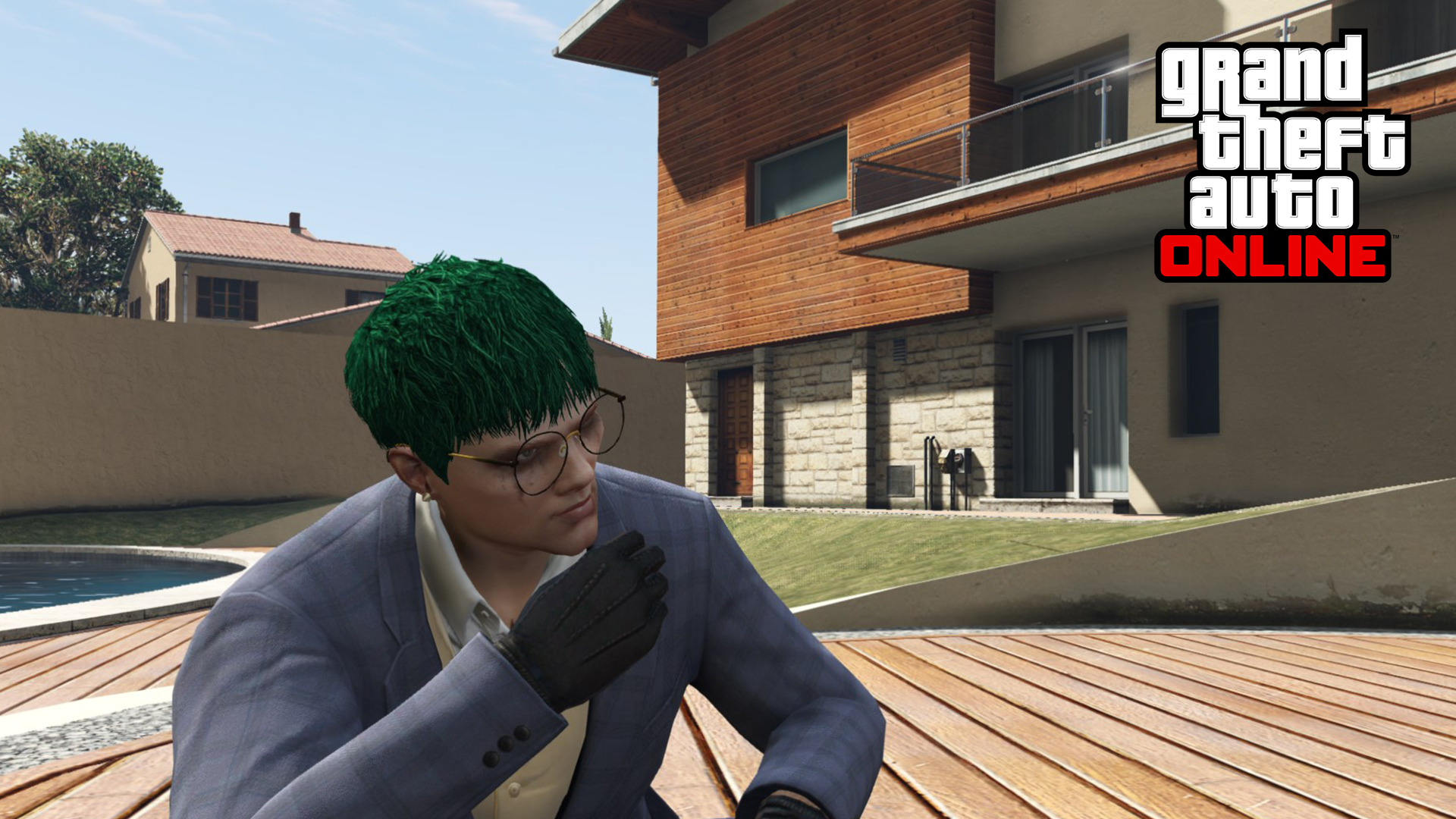 A GTA Online character wearing a blue suit eating a Peyote Plant