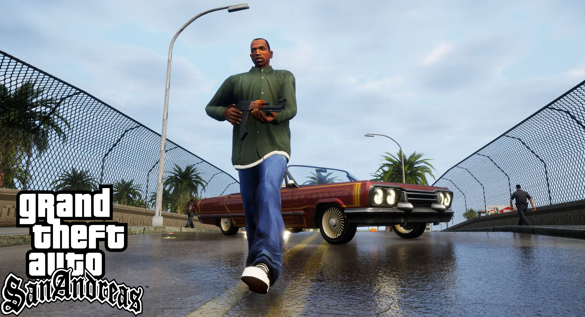 Carl crying an assault rifle in front of a red car on a bridge.