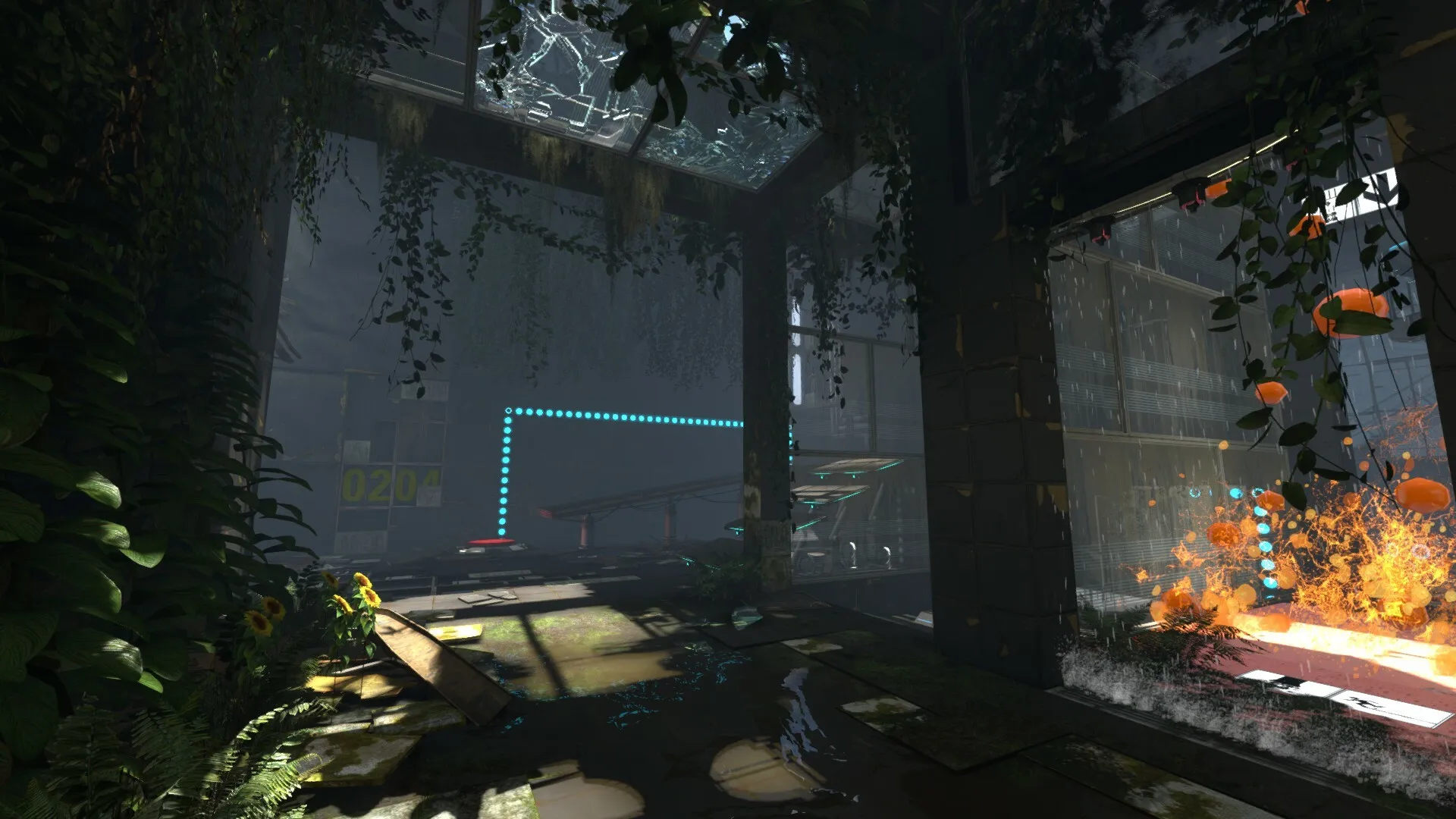 One of Portal Revolution's levels, with a big red button and an orange tree at the left hand side.