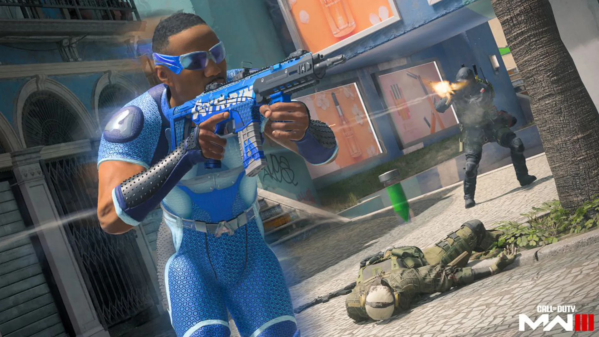 A-Train from The Boys, holding a silenced gun, running past an enemy.
