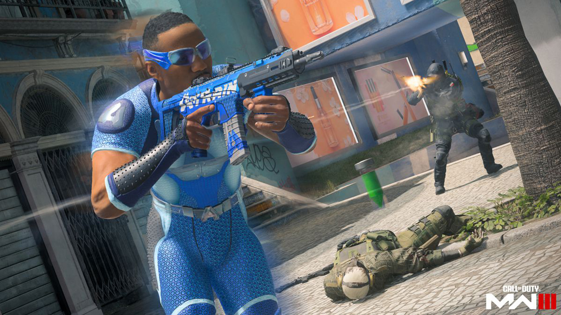 A-Train from The Boys, holding a silenced gun, running past an enemy.