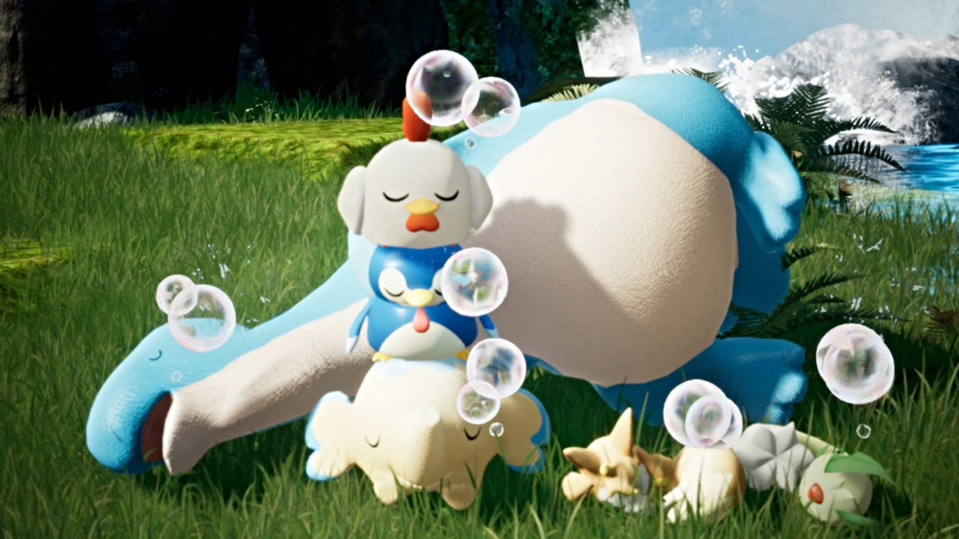 Palworld Pals sleeping, with bubbles coming out of their mouths.