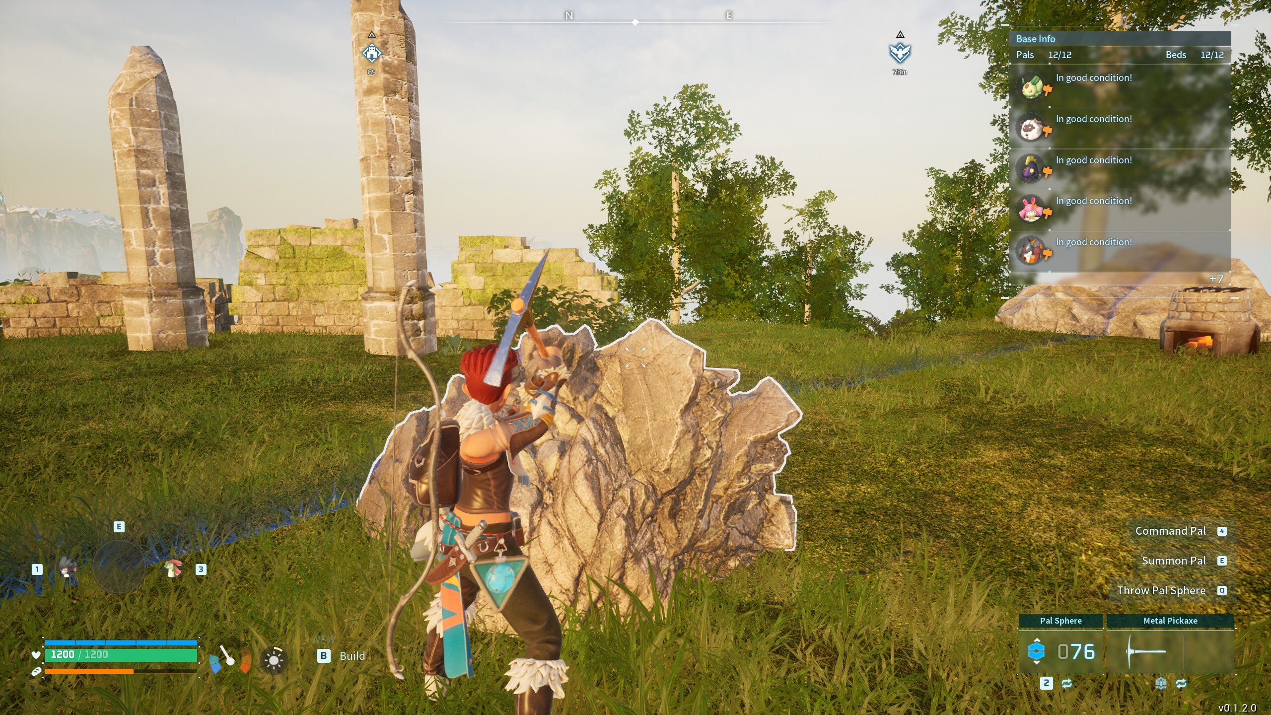 A Palworld character, holding a metal pickaxe, swinging at a large rock. 