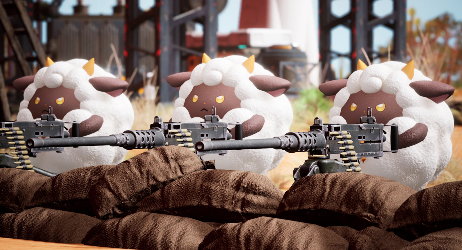 Three sheep holding miniguns on a wall made of sandbags.
