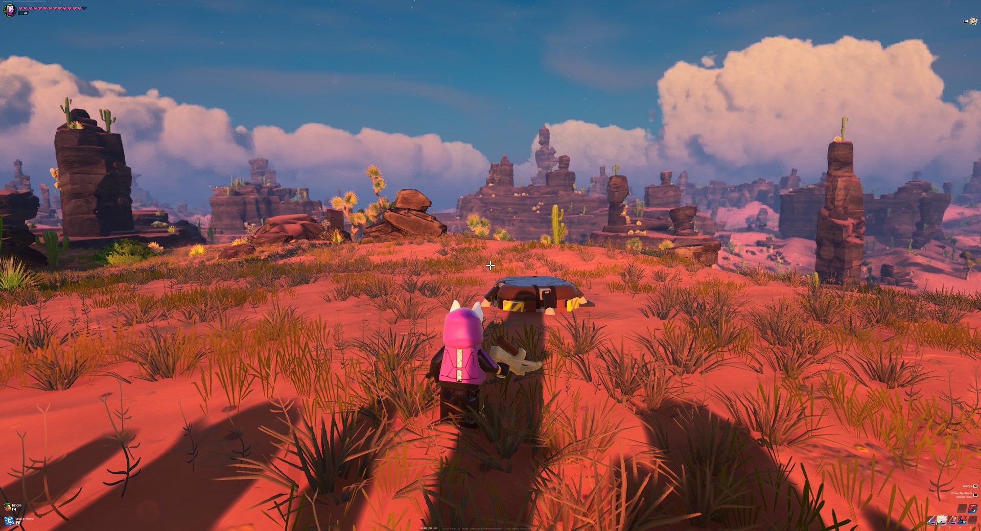 A pink hoodie wearing LEGO Fortnite character standing in front of a Launch Pad