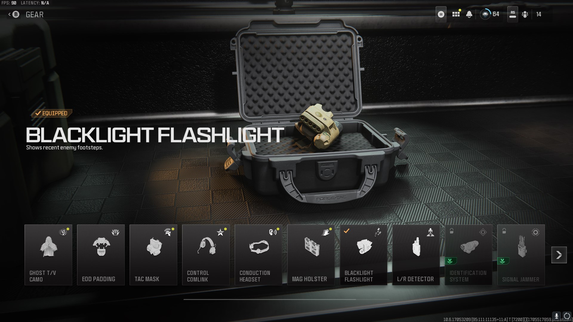 A screen showing the Blacklight Flashlight, which reads "Shows recent enemy footsteps." The Flashlight is a sandy color, sitting in a grey box.