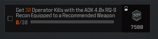 A screenshot of an MW3 challenge, which reads: "Get 30 Operator Kills with the AOK 4.0x RQ-9 Recon equipped to a Recommended Weapon.