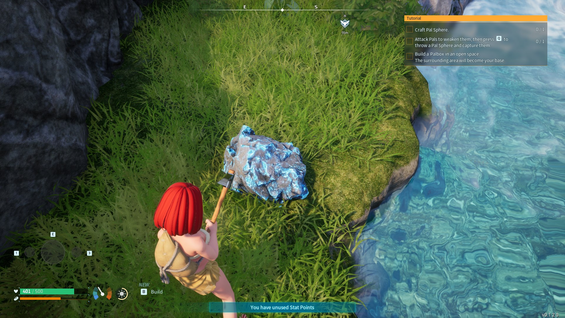 A red-haired Palworld character, carrying a Stone Pickaxe, looking at a node of Paldium Ore.