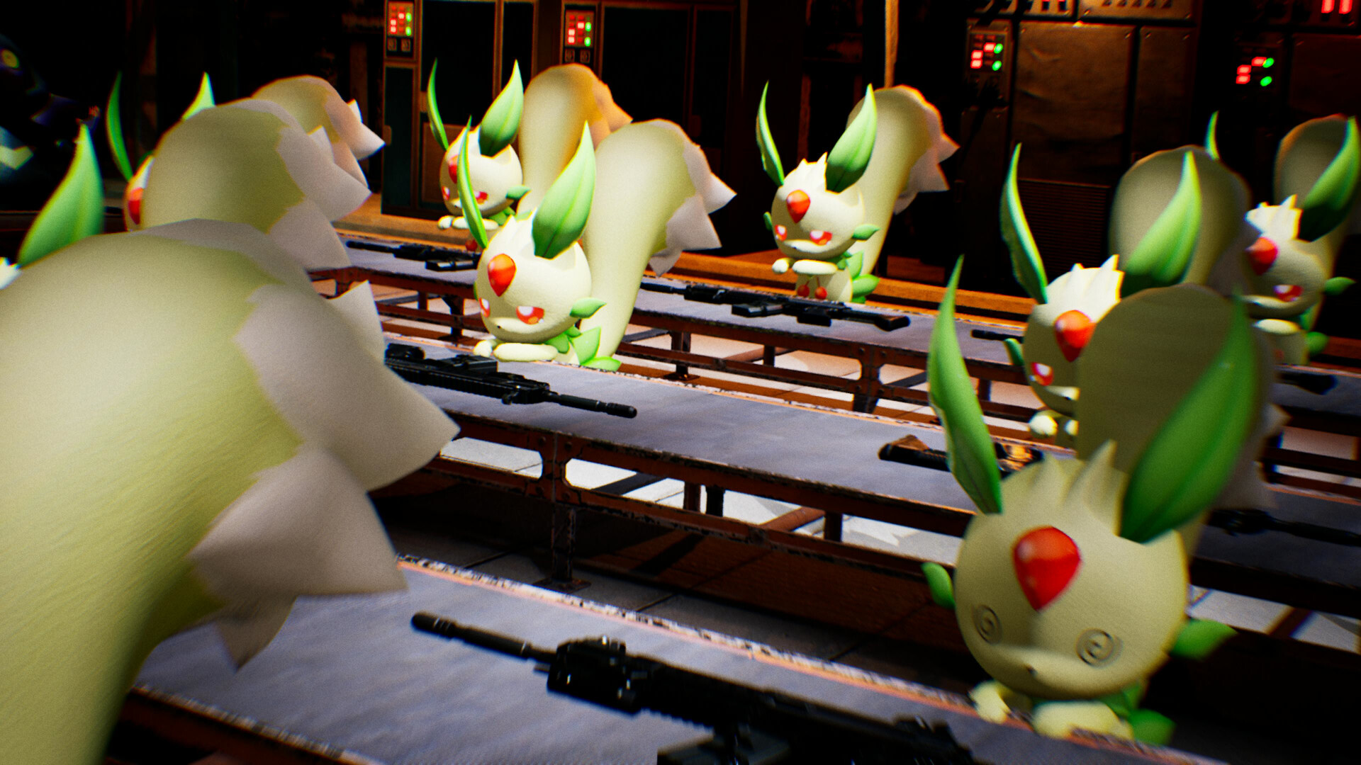 Palworld creatures sitting making machine guns