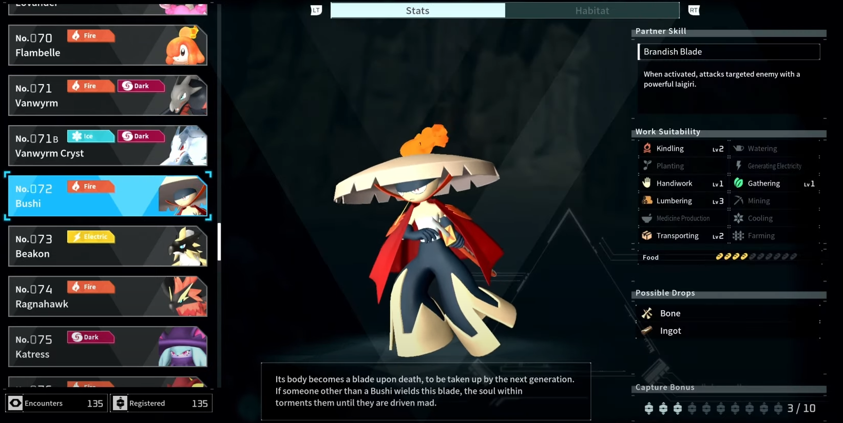 A screenshot of Palworld's Paldeck showing Bushi, a character with a big hat, a red keep, a sword, and long black and cream trousers.