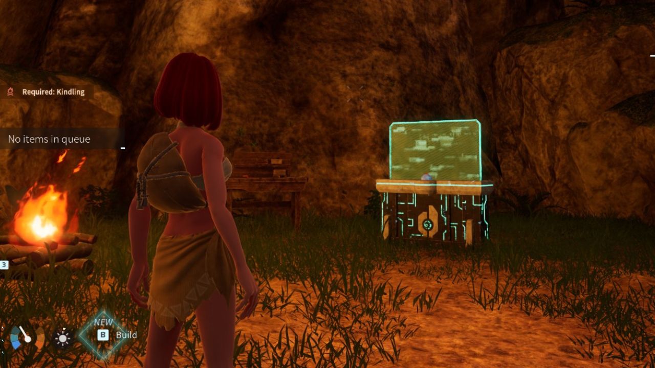 A character standing beside a fire and workbench, looking at a Palbox.