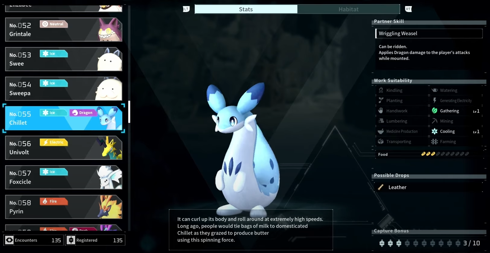 Chillet, a blue and white dragon-like creature, in Palworld's Paldeck screen. 