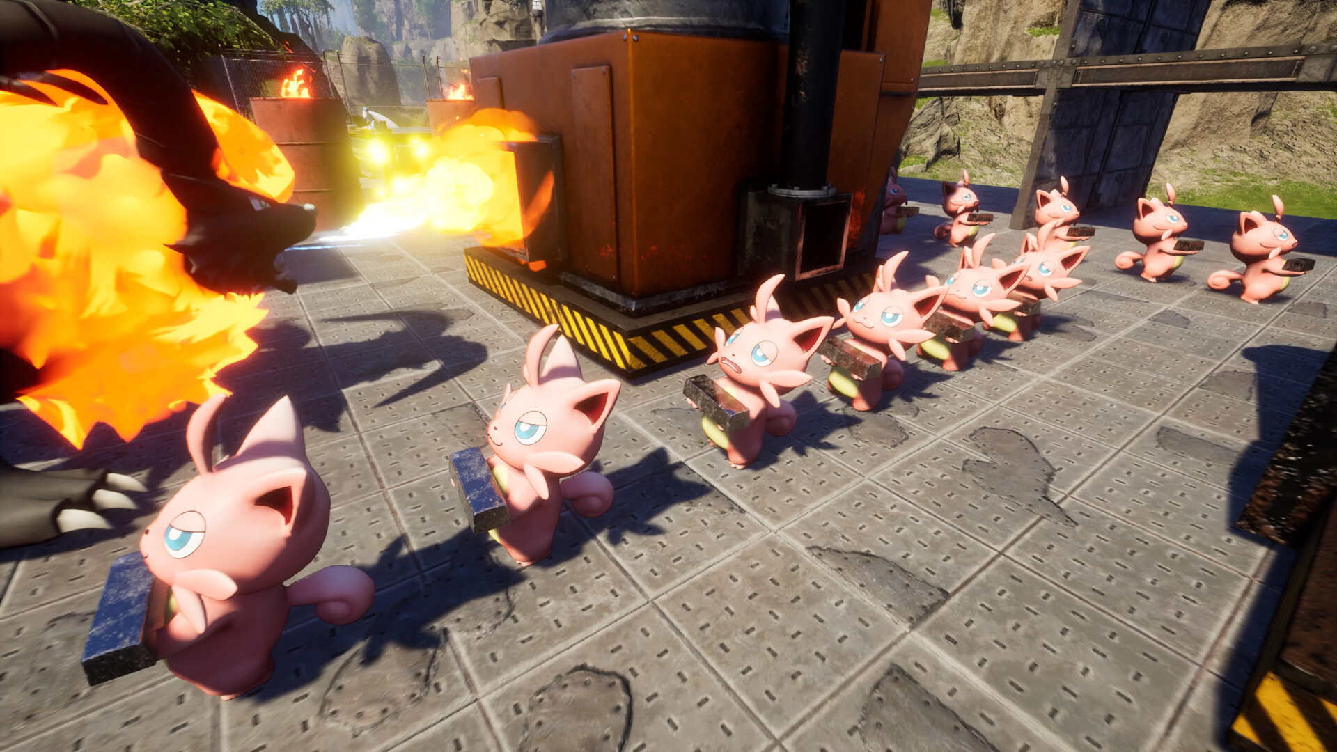 Pink creatures carrying metal past a furnace