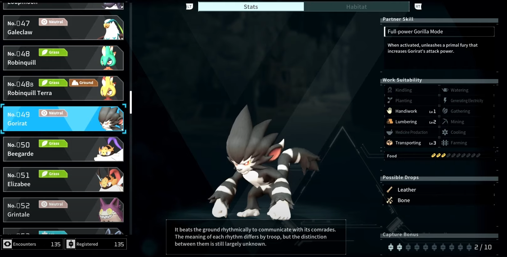 Gorirat in Palworld's Paldeck. An angry monkey-like creature with red eyes, black fur, and white stripes.