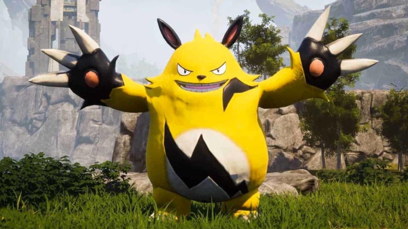 A big yellow Pal with a black lightning bolt on it's stomach standing in front of trees with it's arms spread out.