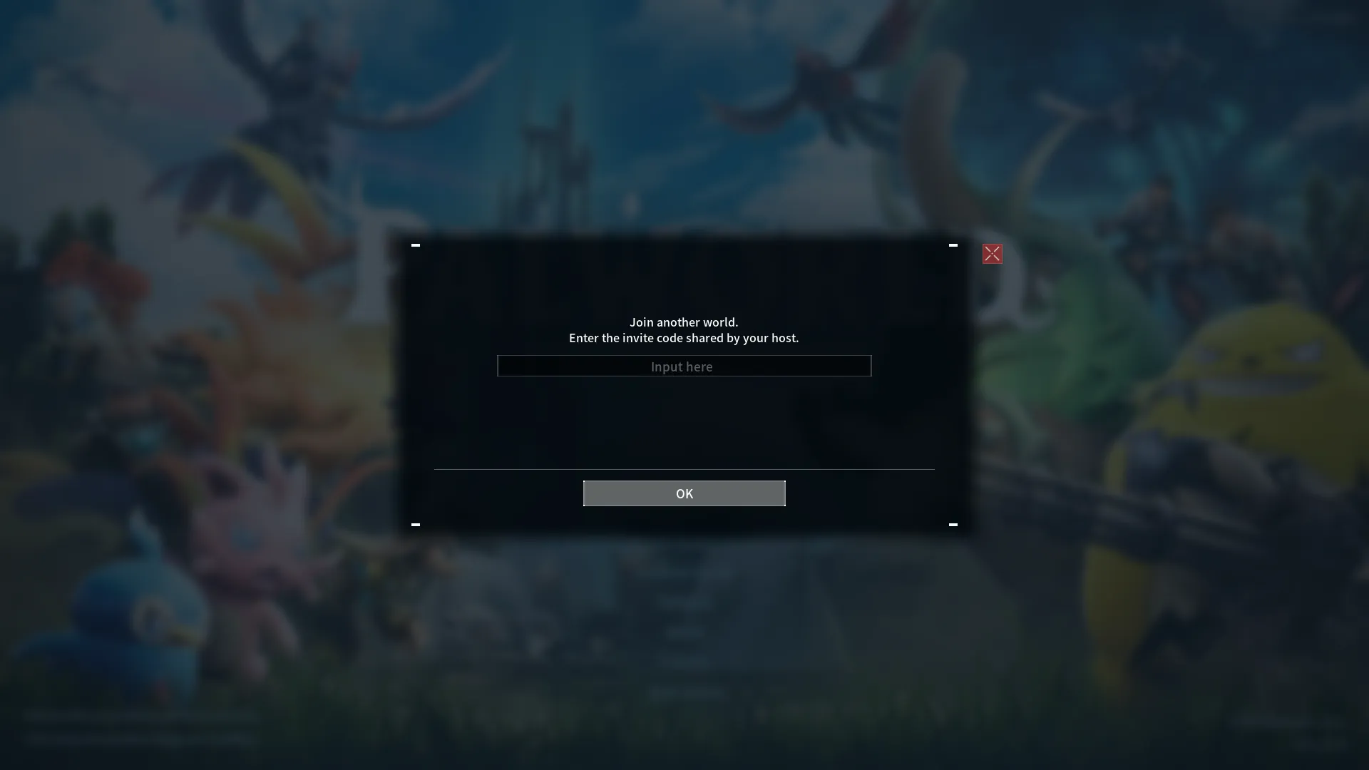 Palworld's Invite Code screen, with a typebox for players to input the code.