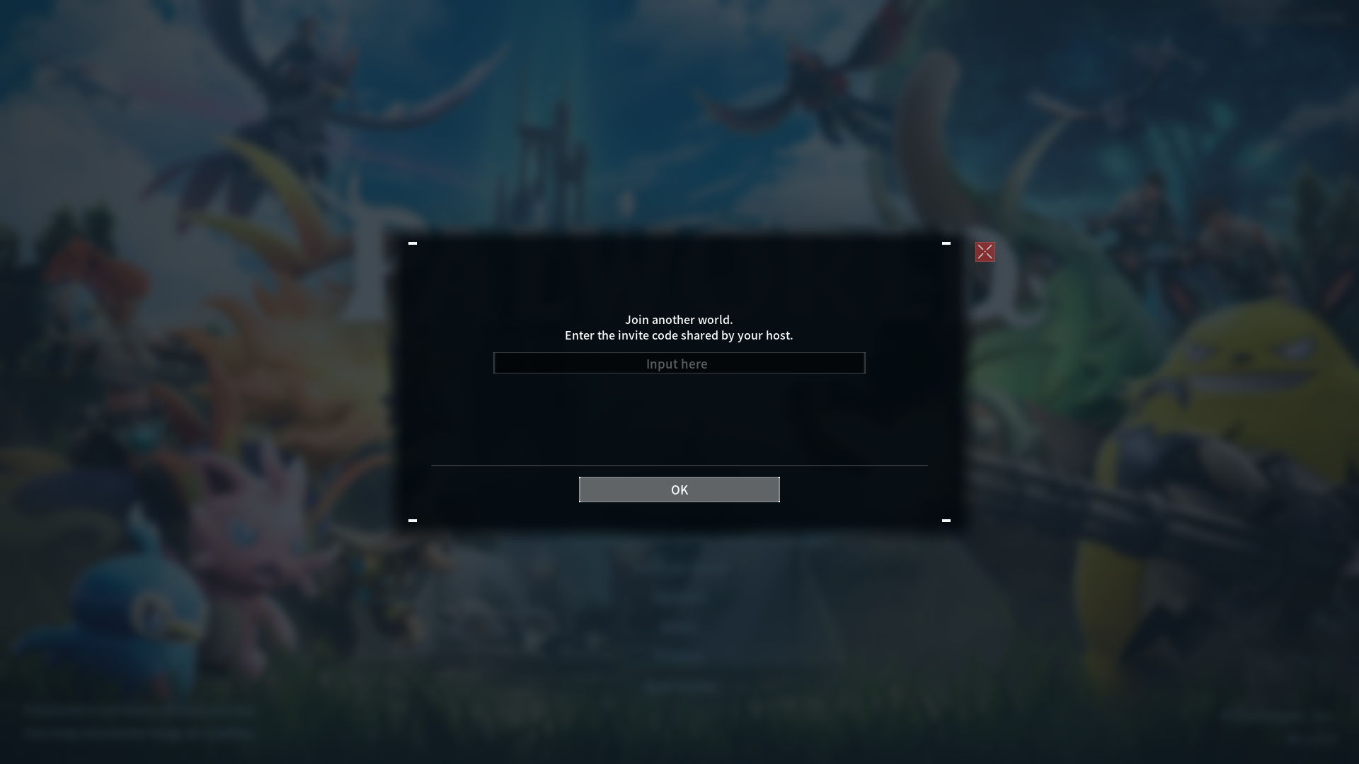 Palworld's Invite Code screen, with a typebox for players to input the code.