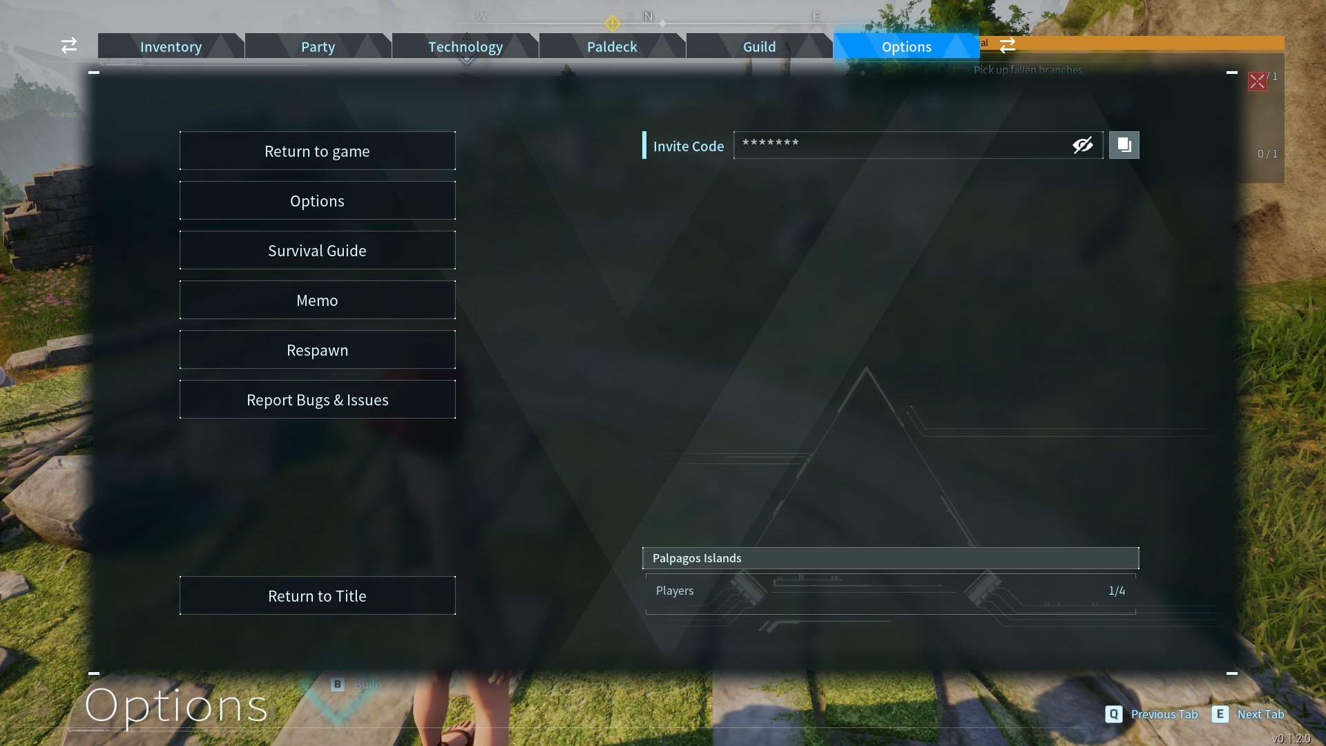 Palworld's pause menu, with the Invite Code seen in the top-right corner.