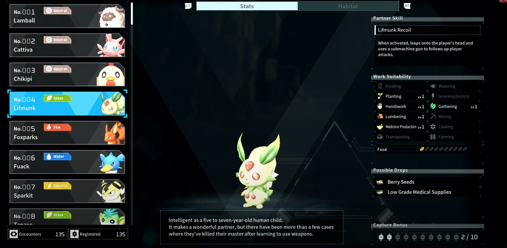 The Palworld Paldeck showing Lifmunk, a green creature with red eyes and a jewel on its forehead.