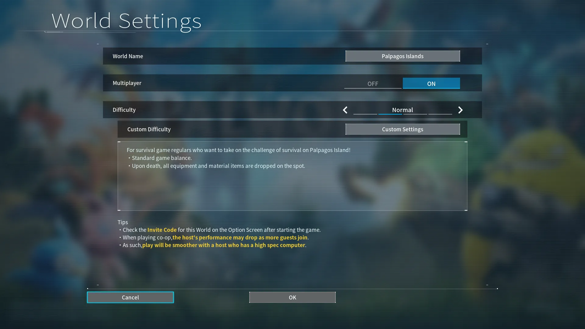 An image of Palworld's world settings, with the Multiplayer option turned on.