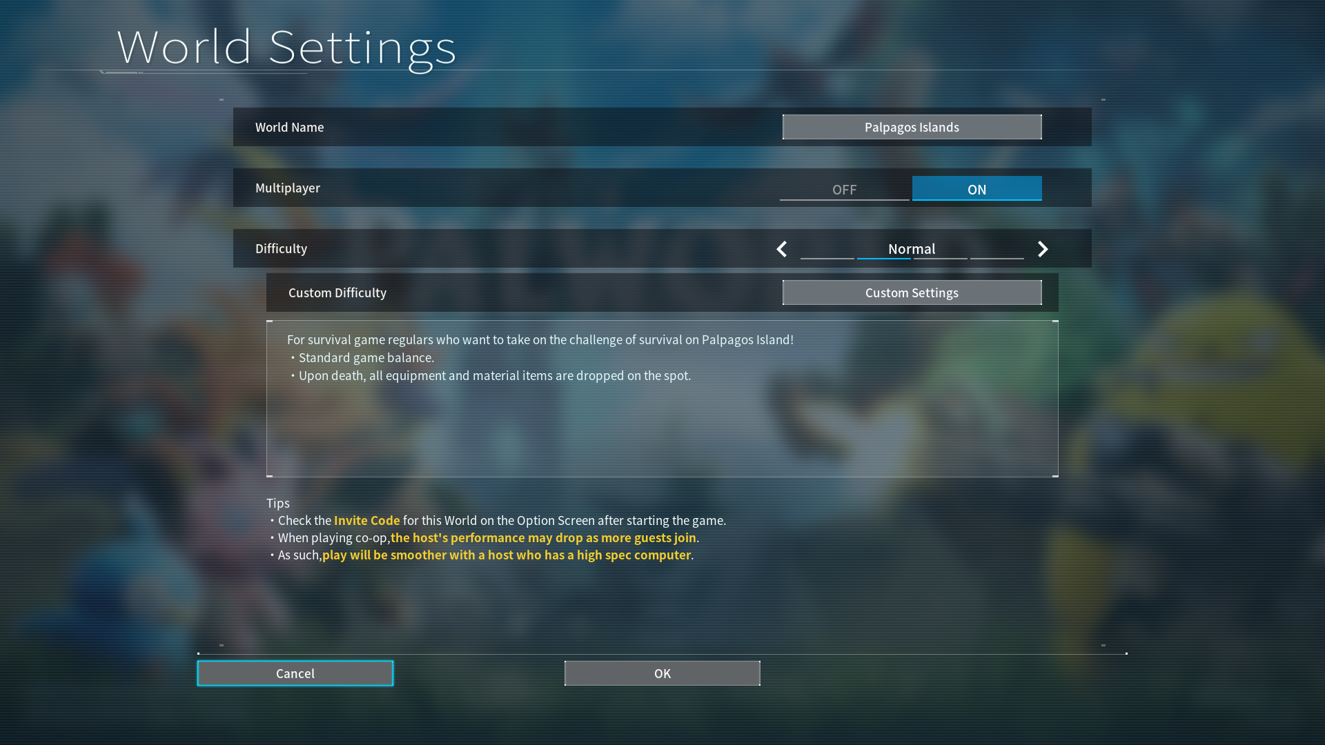 An image of Palworld's world settings, with the Multiplayer option turned on.