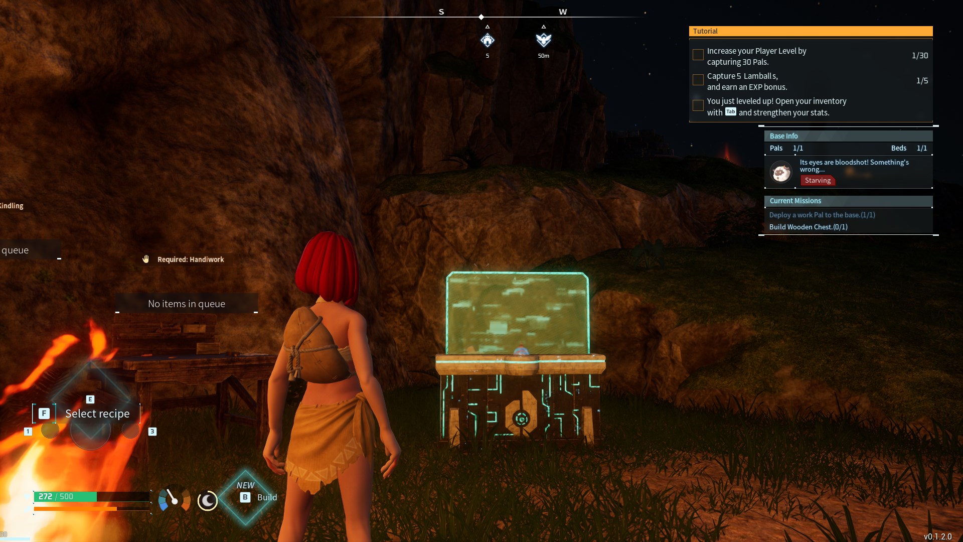 A red haired character standing at their Palbox, a brown and white box with a screen on top. 