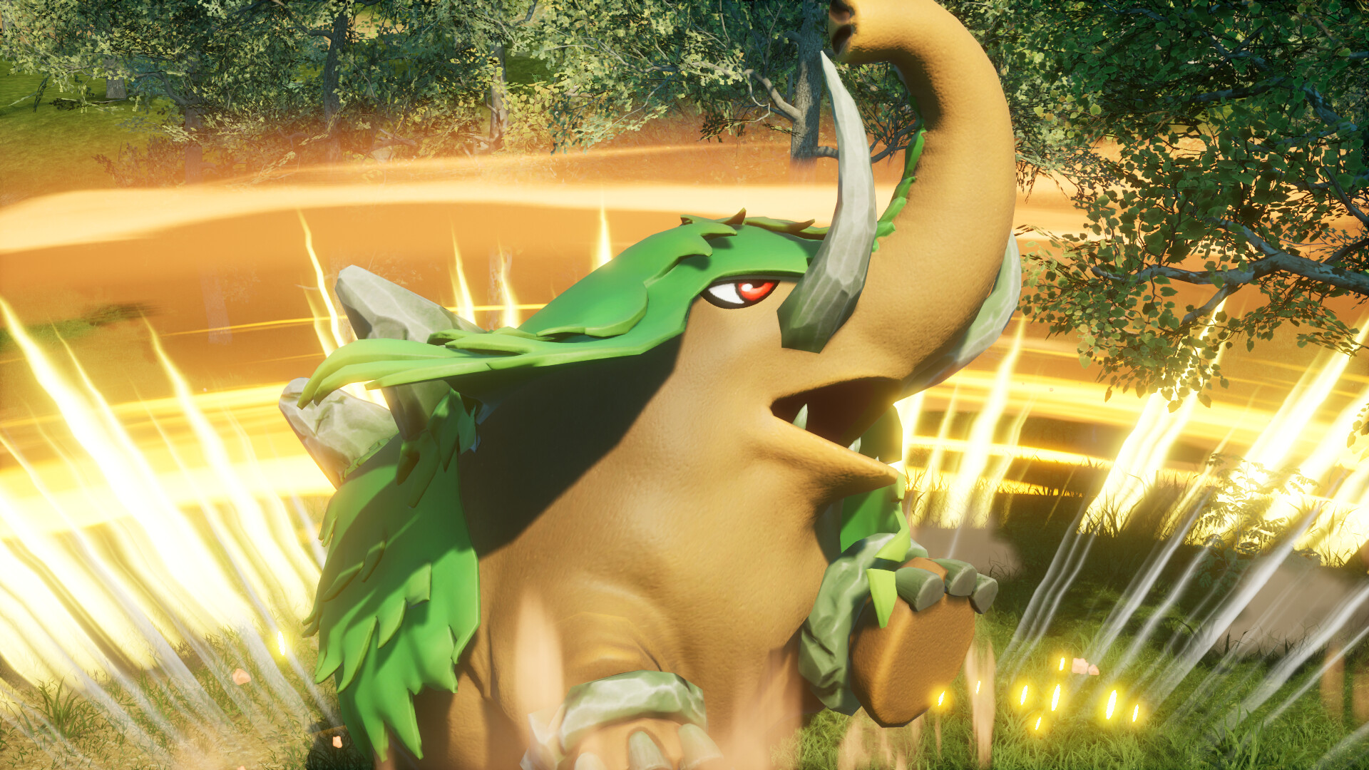 A large biege elephant-like Pal with green leaves on it's back, reaching up beside a tree.