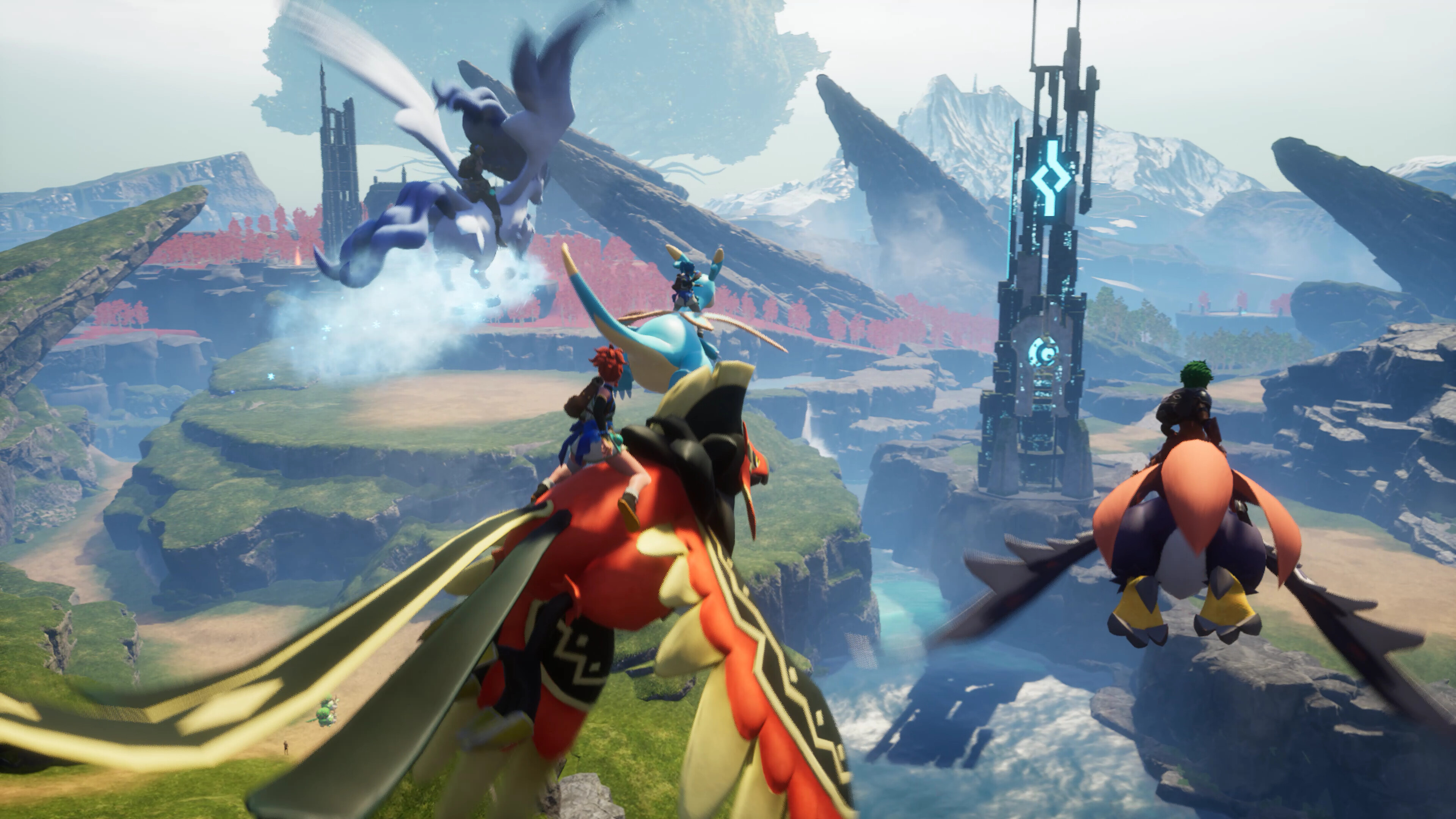 Palworld players riding mounts above the world, with a tower in the middle.